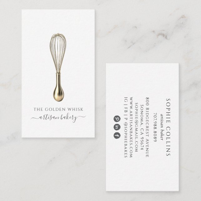 Elegant Gold Whisk Baker Bakery Chef Caterer Business Card (Front/Back)