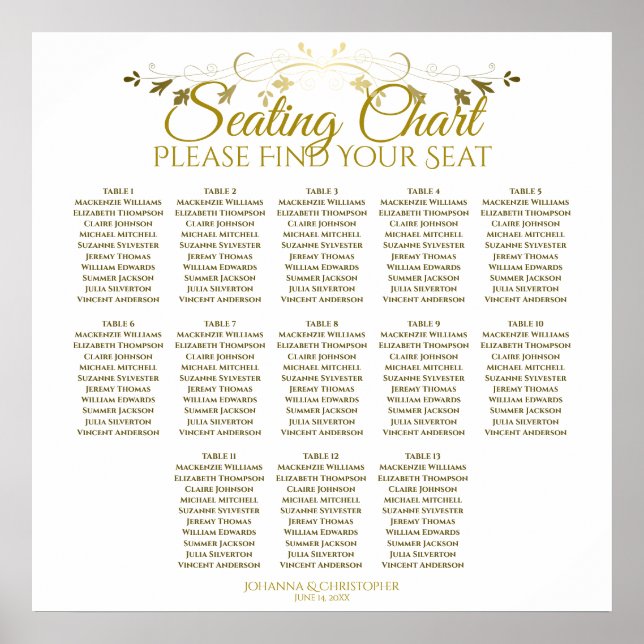 Elegant Gold White 13 Table Wedding Seating Chart (Front)