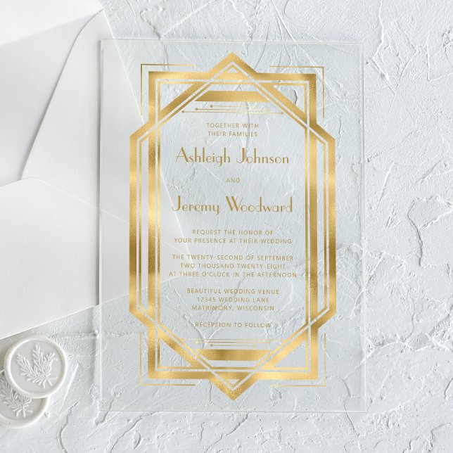 Elegant Gold White 1920s Deco Frame Wedding Acrylic Invitations (Creator Uploaded)