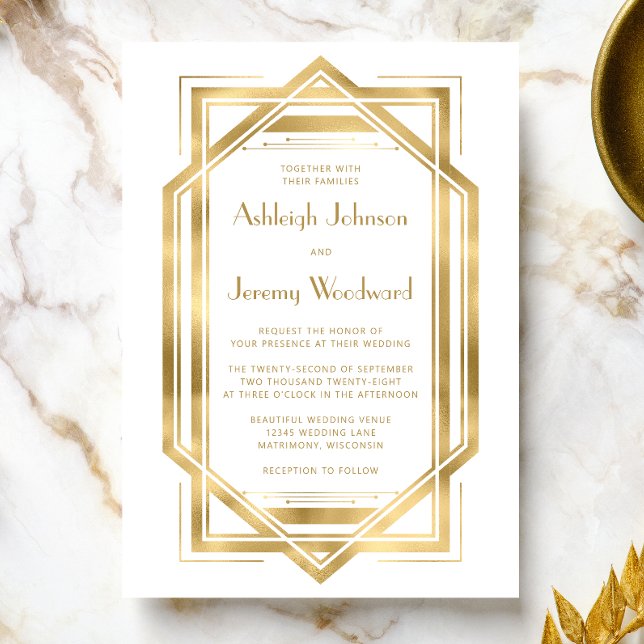 Elegant Gold White 1920s Deco Frame Wedding Invitation (An ideal choice for a 1920s vintage themed wedding with a gold and white color palette.)