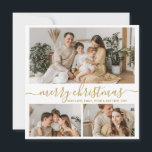 Elegant Gold White 3 Photo Collage Christmas Holid Holiday Card<br><div class="desc">Elegant Calligraphy Minimalist White and Gold 3 Photo Collage Merry Christmas Script Holiday Card. This festive, minimal three (3) photo holiday card template features a nice photo collage and says „Merry Christmas”! The „Merry Christmas” greeting text is written in a pretty hand lettered swirly swash-tail font in gold on white...</div>