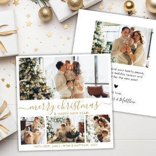 Elegant Gold White 4 Photo Collage Christmas Holid Holiday Card