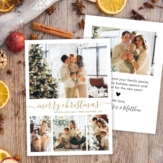 Elegant Gold White 4 Photo Collage Christmas  Holiday Card (Creator Uploaded)