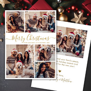 Elegant Gold White 5 Photo Collage Christmas  Holiday Card