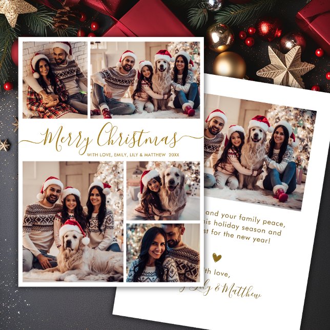 Elegant Gold White 5 Photo Collage Christmas  Holiday Card (Creator Uploaded)