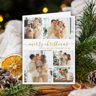 Elegant Gold White 5 Photo Collage Christmas  Holiday Card
