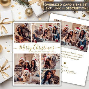 Elegant Gold White 5 Photo Collage Christmas  Holiday Card
