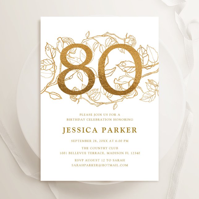 Elegant Gold White 80th Birthday Invitation (Creator Uploaded)