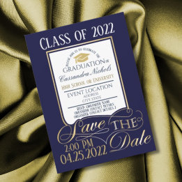 Elegant, Gold, White and Blue Graduation design Invitation