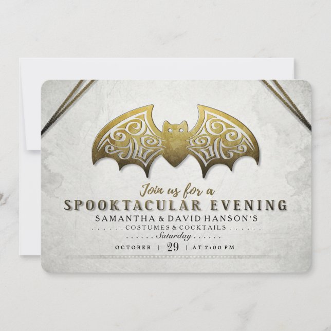 Elegant Gold White Bat Spooktacular Evening Invite (Front)