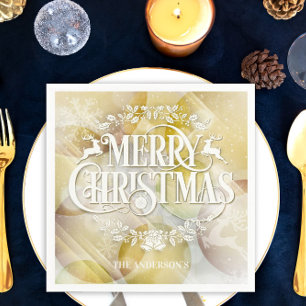 Elegant Gold White Baubles Merry Christmas Napkin