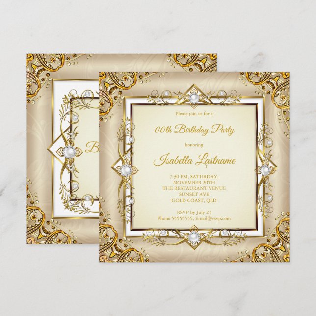 Elegant Gold White Beige Pearl Birthday Party Invitation (Front/Back)