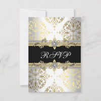 Elegant Gold White Black Damask RSVP