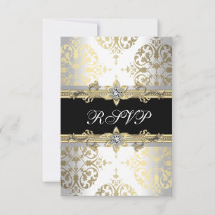 Elegant Gold White Black Damask RSVP Card