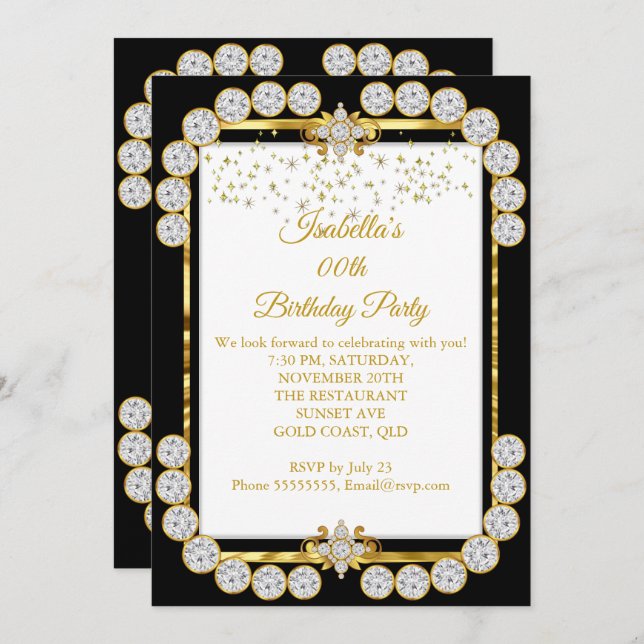 Elegant Gold White Black Diamond Birthday Party Invitation (Front/Back)