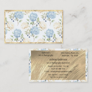 Elegant Gold White Blue Hydrangea Floral Business Card