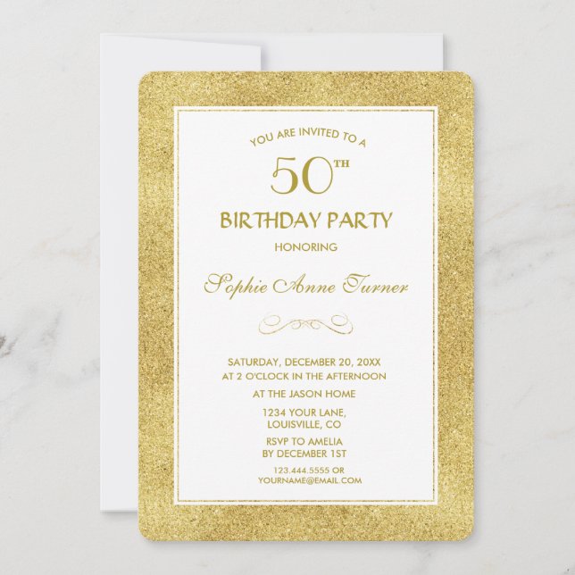 Elegant Gold & White Border 50th Birthday Party Invitation (Front)