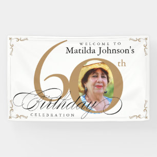 Elegant Gold White Calligraphy Photo 60th Birthday Banner
