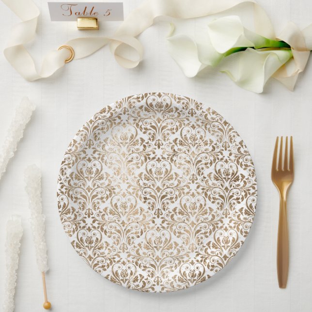 Elegant Gold White Chic Damask Paper Plate (Wedding)