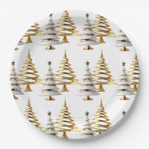 Elegant Gold & White Christmas winter snow tree Paper Plate