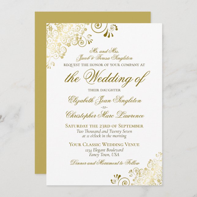 Elegant Gold & White Classic Style Formal Wedding Invitation (Front/Back)