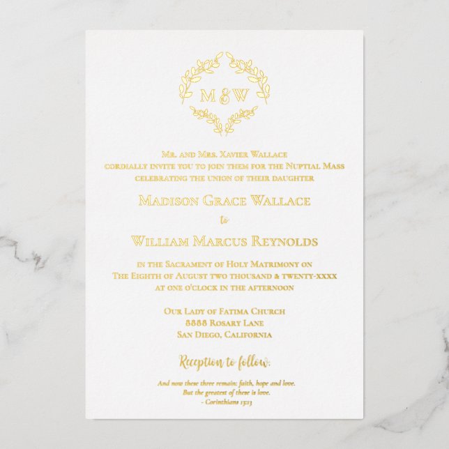 Elegant gold & white Crest Modern Catholic Wedding (Front)