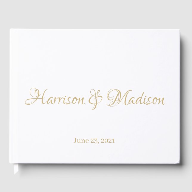 Elegant gold white custom script Name date wedding Guest Book (Front)