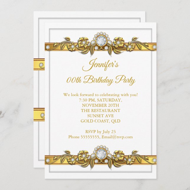 Elegant Gold White Diamond Birthday Party Invitation (Front/Back)