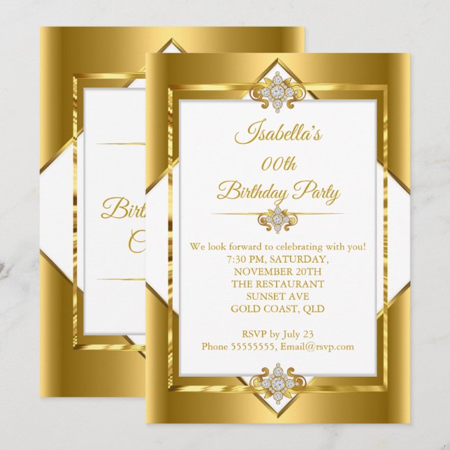 Elegant Gold White Diamond Birthday Party Invitation (Front/Back)