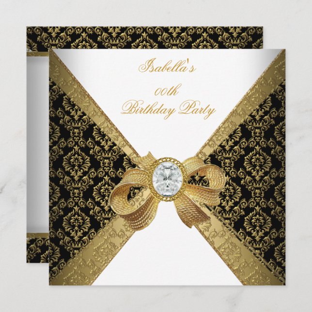 Elegant Gold White Diamond Black Birthday Party Invitation (Front/Back)
