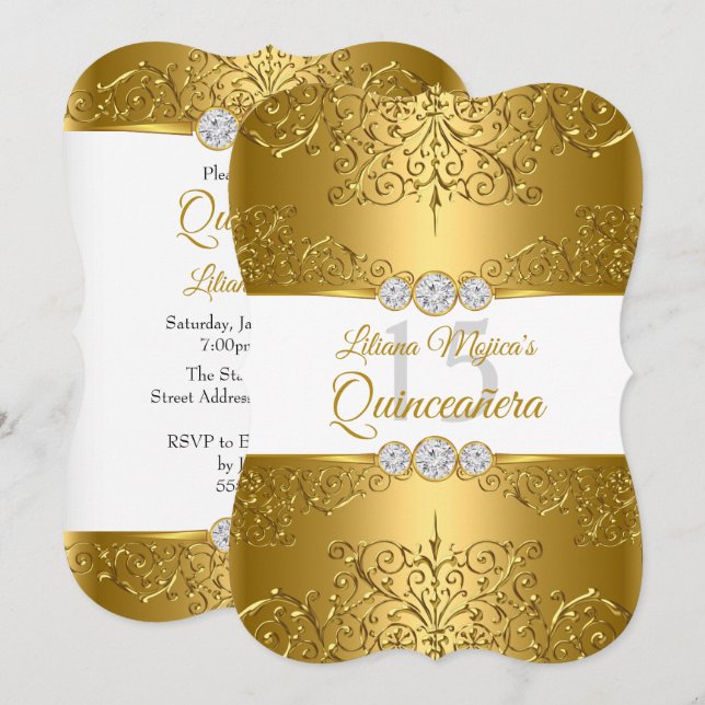 Elegant Gold White Diamond Glamour Quinceanera Invitation (Front/Back)