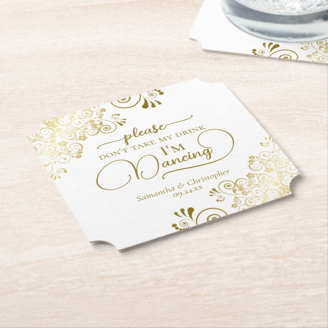 Elegant Gold & White Don't Take My Drink Wedding Paper Coaster (Angled)