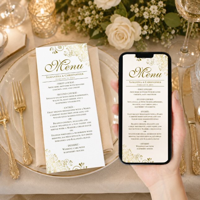 Elegant Gold & White Downloadable Wedding Menu (Available as Printed Cards or as a Digital Download)