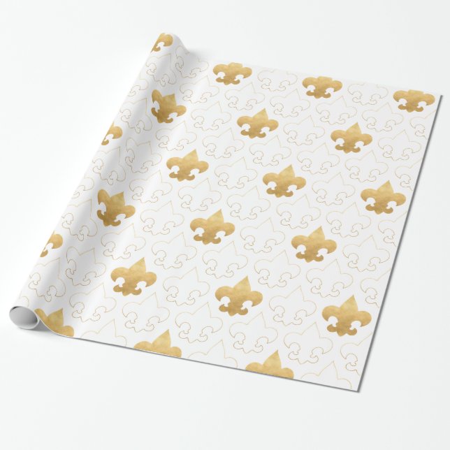 Elegant Gold & White Fleur De Lis Wrapping Paper (Unrolled)