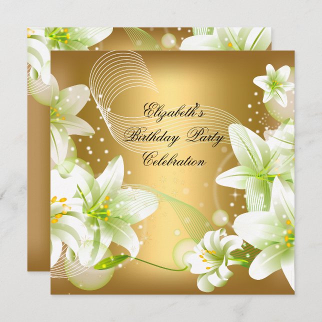 Elegant Gold White Floral Birthday Party Invitation (Front/Back)