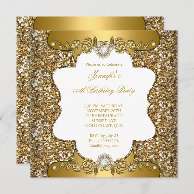 Elegant Gold White Floral Diamond Jewel Party SQ Invitation (Front/Back)