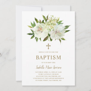 Elegant Gold White Floral Modern Baptism Invitation