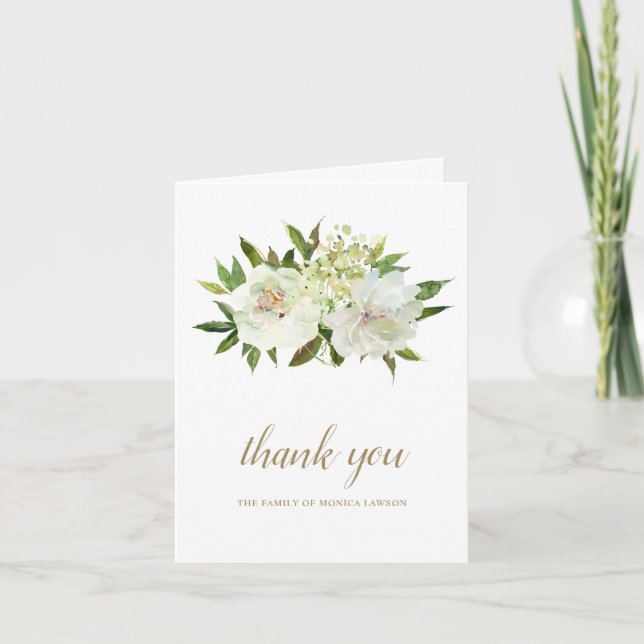 Elegant Gold White Floral Modern Funeral Thank You Card (Front)