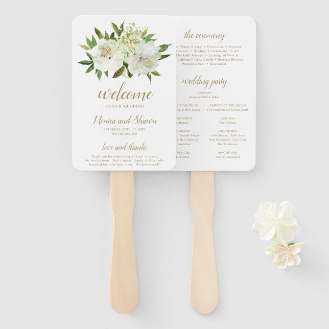 Elegant Gold White Floral Modern Wedding Program Hand Fan (Front and Back)