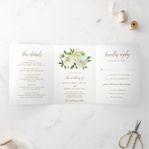 Elegant Gold White Floral Modern Wedding Tri-Fold Invitation