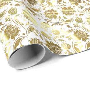 Elegant Gold & White Floral Pattern Wrapping Paper