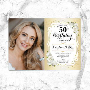 Elegant Gold White Floral Photo 50th Birthday Invitation