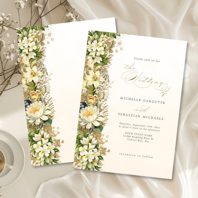 Elegant Gold White Floral Wedding Invitation (Elegant Gold White Floral Wedding Invitation)