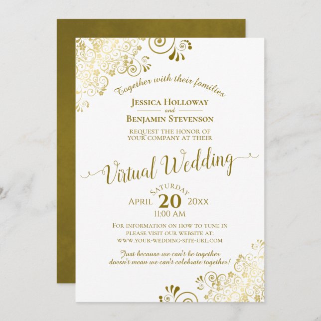 Elegant Gold & White Frilly Virtual Wedding Invitation (Front/Back)