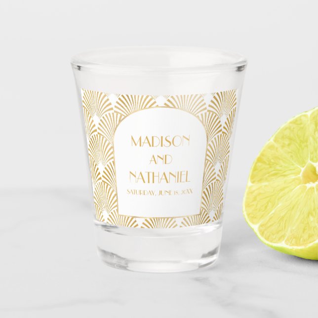 Elegant Gold White Geometric Art Deco Wedding Shot Glass (Front)