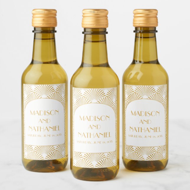 Elegant Gold White Geometric Art Deco Wedding Wine Label (Bottles)