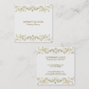 Elegant Gold & White Glitter Floral Swirls Frame Square Business Card