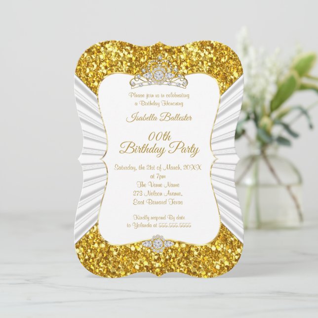 Elegant Gold White glitter tiara birthday Party Invitation (Standing Front)