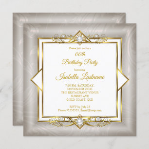 Elegant Gold White Grey Pearl Birthday Party Invitation