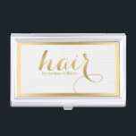 Elegant Gold & White Hair Text Design Business Card Holder<br><div class="desc">Elegant white and gold tones Hair text design customisable name for hair stylist. White background texture.</div>